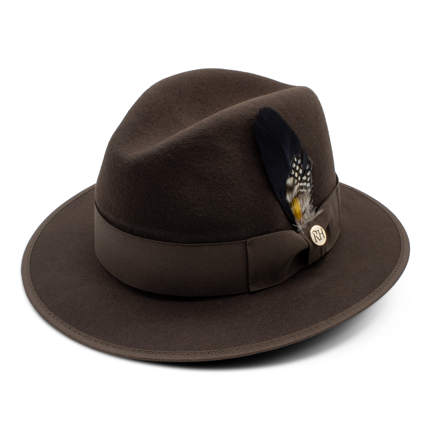 Dark brown felt hat with a wide band, adorned with a decorative feather