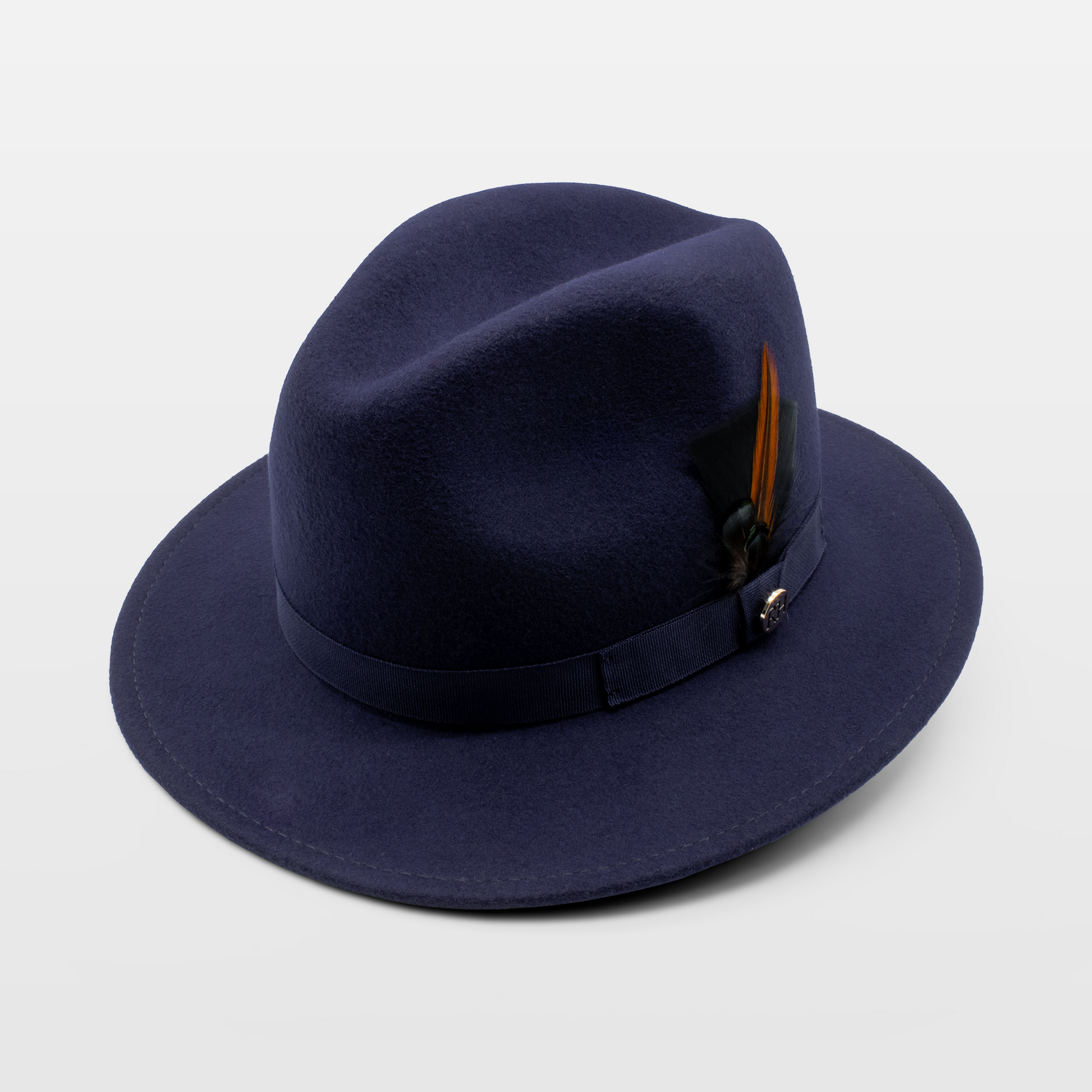 Navy felt hat with a ribbon band and a feather accent on the side