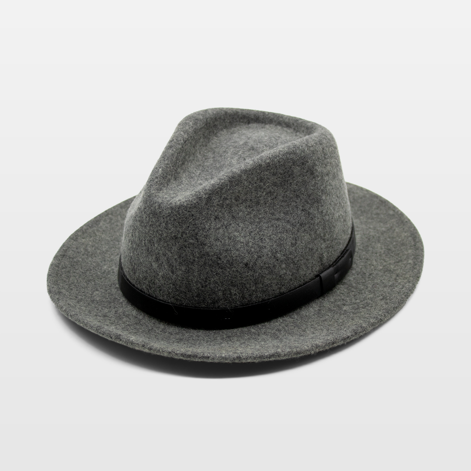 A grey felt fedora hat with a black leather band