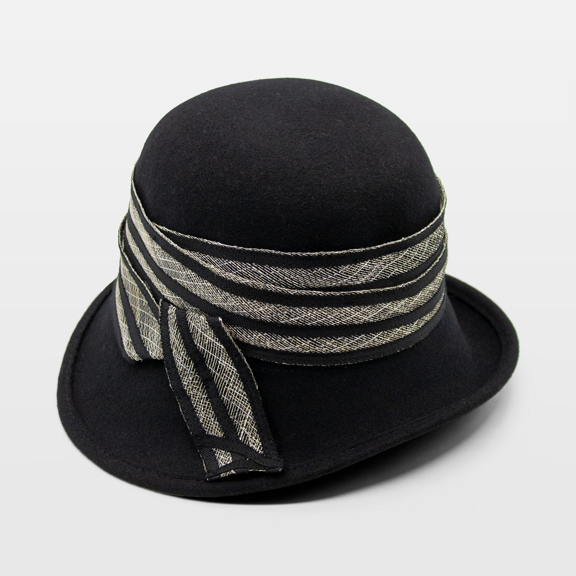 Black cloche hat with a striped bow accent around the crown