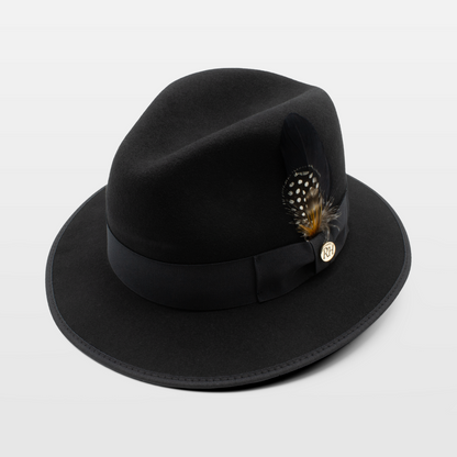 Black fedora hat with spotted feather accent