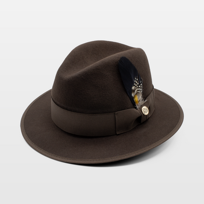 Brown fedora hat with a decorative feather and an RH logo on the band