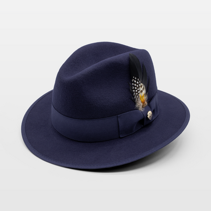 Navy blue fedora hat with a decorative feather on the band