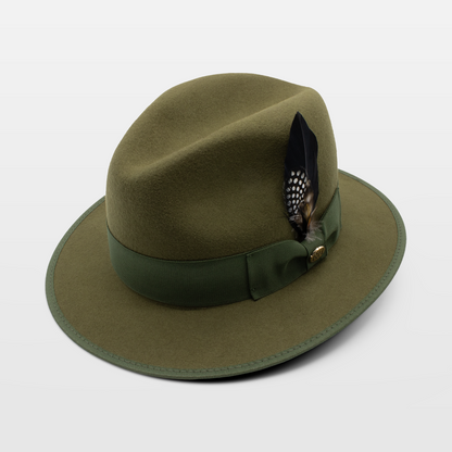 Olive green felt hat with a matching band and a black feather accent