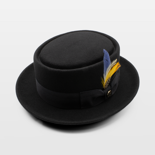 Black felt hat with a round crown, wide brim, and a blue and yellow feather accent