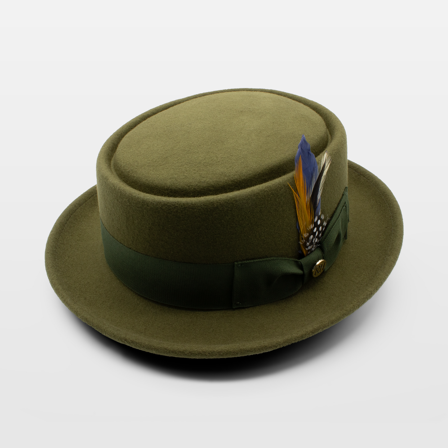 olive-green hat with a round top, adorned with a green ribbon band and a feather accent