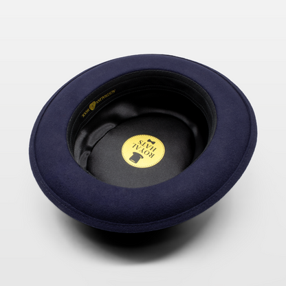 Navy blue fedora, showcasing the satin interior