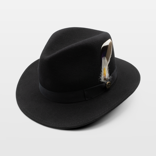 Elegant black fedora with a feather accent and a classic ribbon band