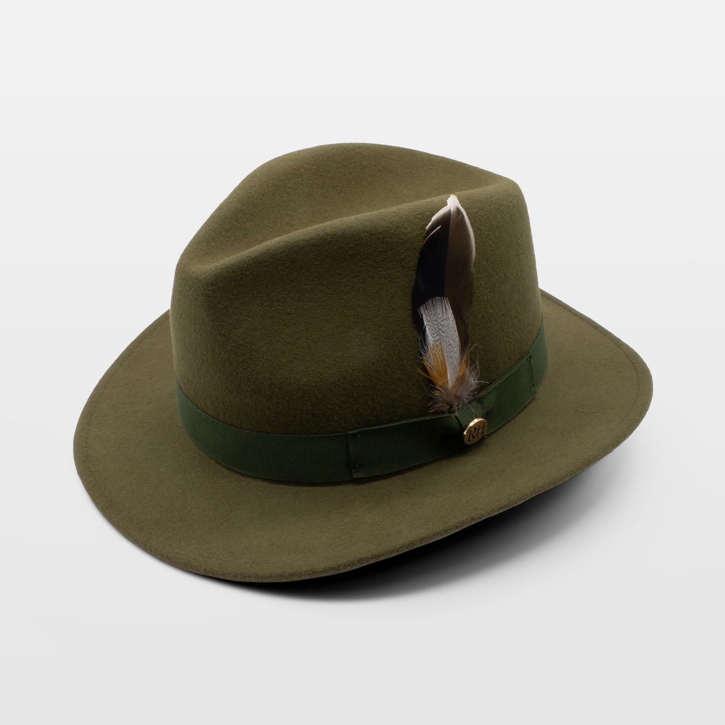 Olive green felt hat with a green band and feather accent, featuring the Royal Hats logo pin