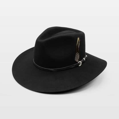 Black wide-brimmed felt hat with a decorative feather and band detail