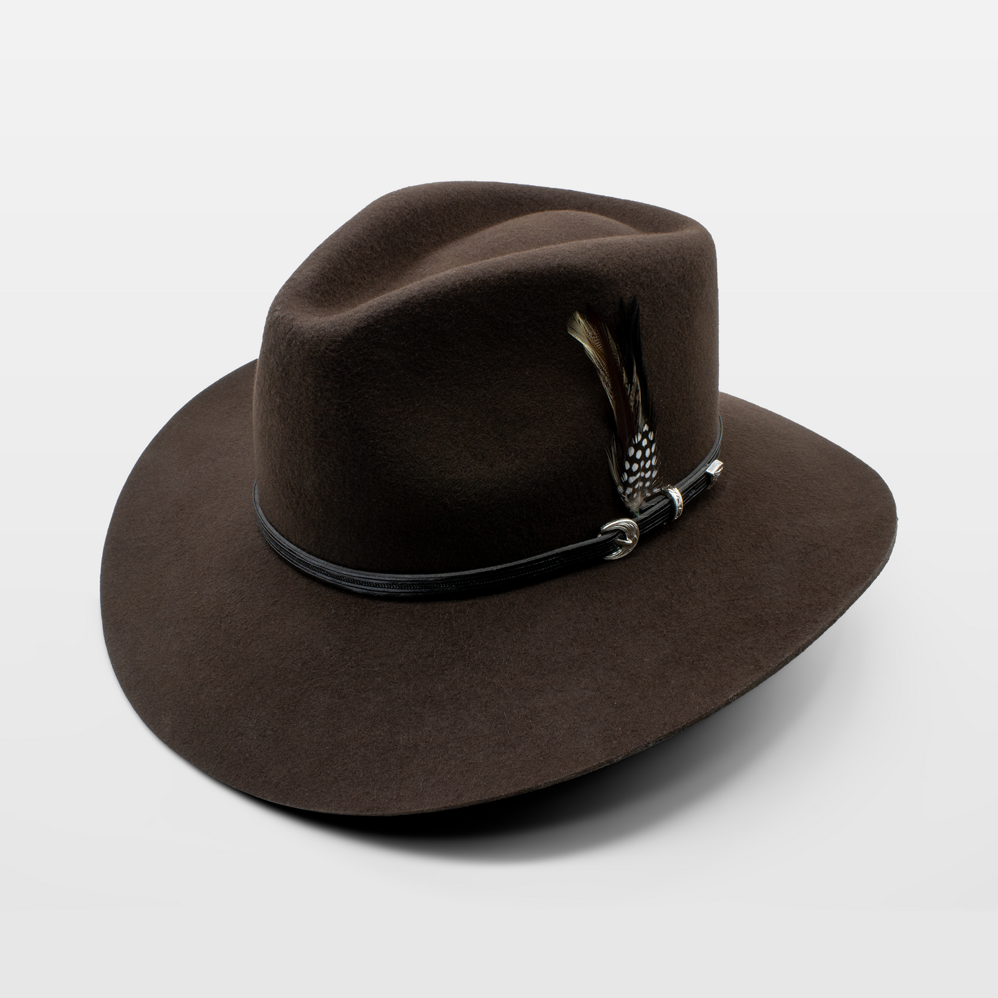 Brown wide-brim hat with a black band and feather accent on the side