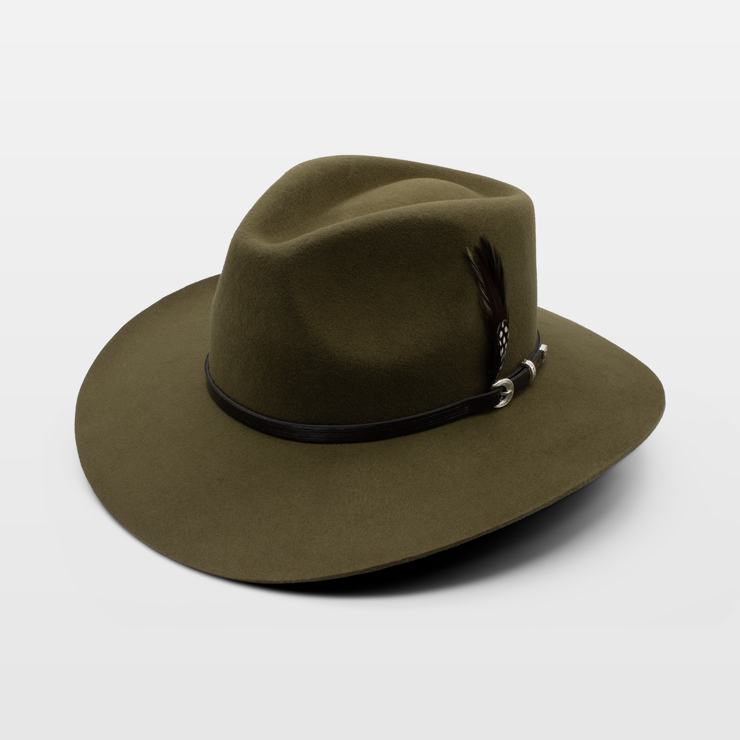 Olive green fedora hat with a black leather band and feather accent on the side