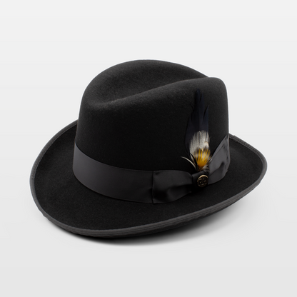 Black felt hat with a wide brim, ribbon band, and feather detail