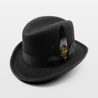 Dark grey Royal Hats fedora with a feather accent and a ribbon band