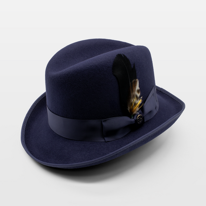 Classic navy blue fedora with a decorative feather, ribbon band, and a slightly curved brim