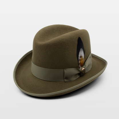 Olive green felt hat with a wide brim, ribbon band, and feather detail