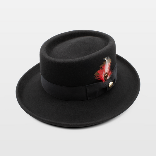 Black Royal Hats fedora with a wide brim, adorned with a feather detail and ribbon band