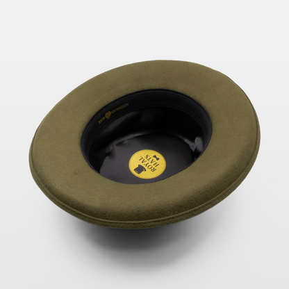 Interior view of an olive-green felt hat, showcasing the Royal Hats logo on the black lining