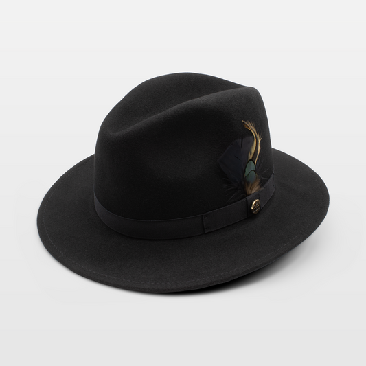 Black felt fedora with a feather accent on the side, featuring a matching black ribbon band