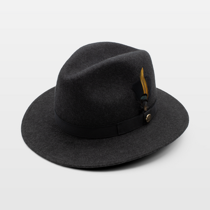 Dark grey felt hat with a black ribbon and a decorative feather on the side