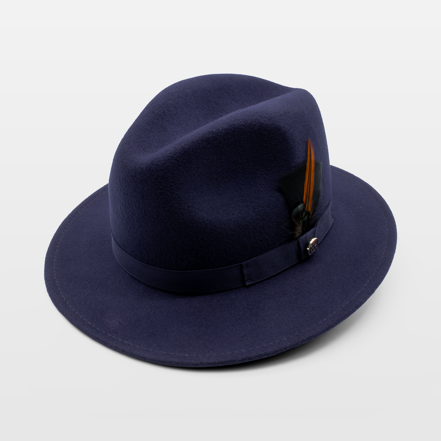 Navy felt hat with a ribbon band and a feather accent on the side