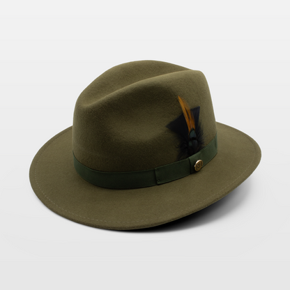 olive-green felt fedora with a green band and decorative feather accent