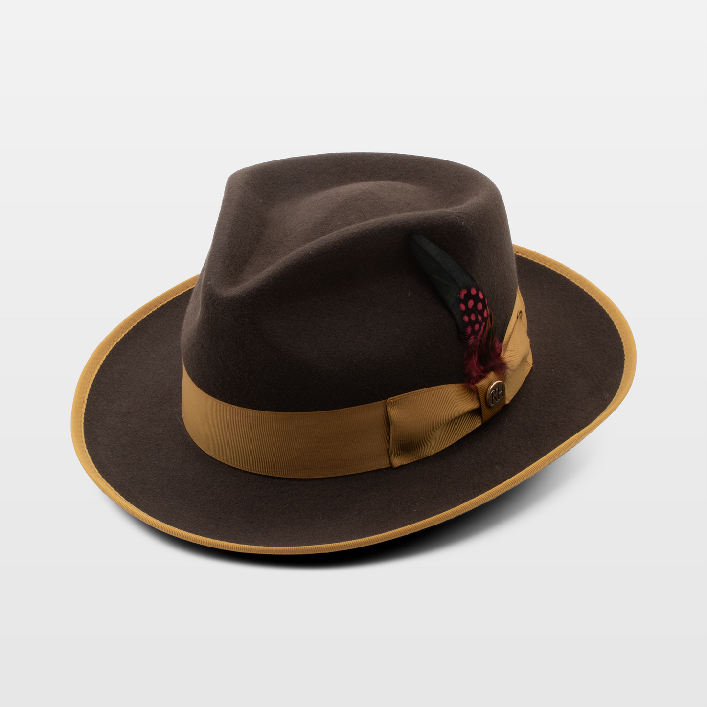 A stylish brown hat with a gold band and a decorative red feather