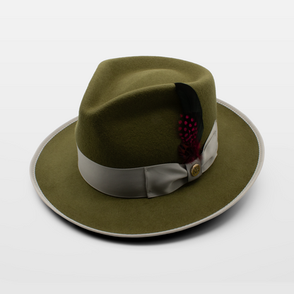 Olive green felt hat with a white brim, light grey ribbon and a decorative feather on the side