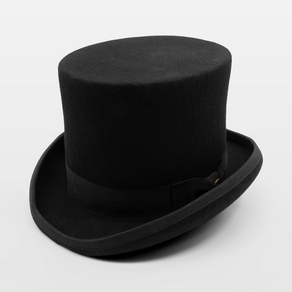 Classic black top hat with a ribbon band, featuring a tall, cylindrical crown and curved brim