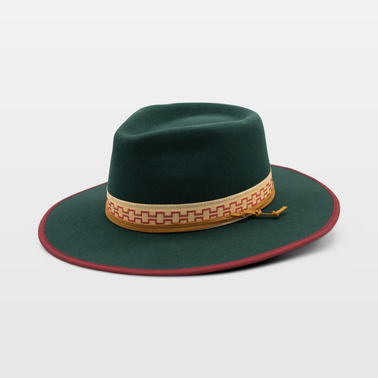 Green wide-brim hat with a decorative patterned band and a red trim