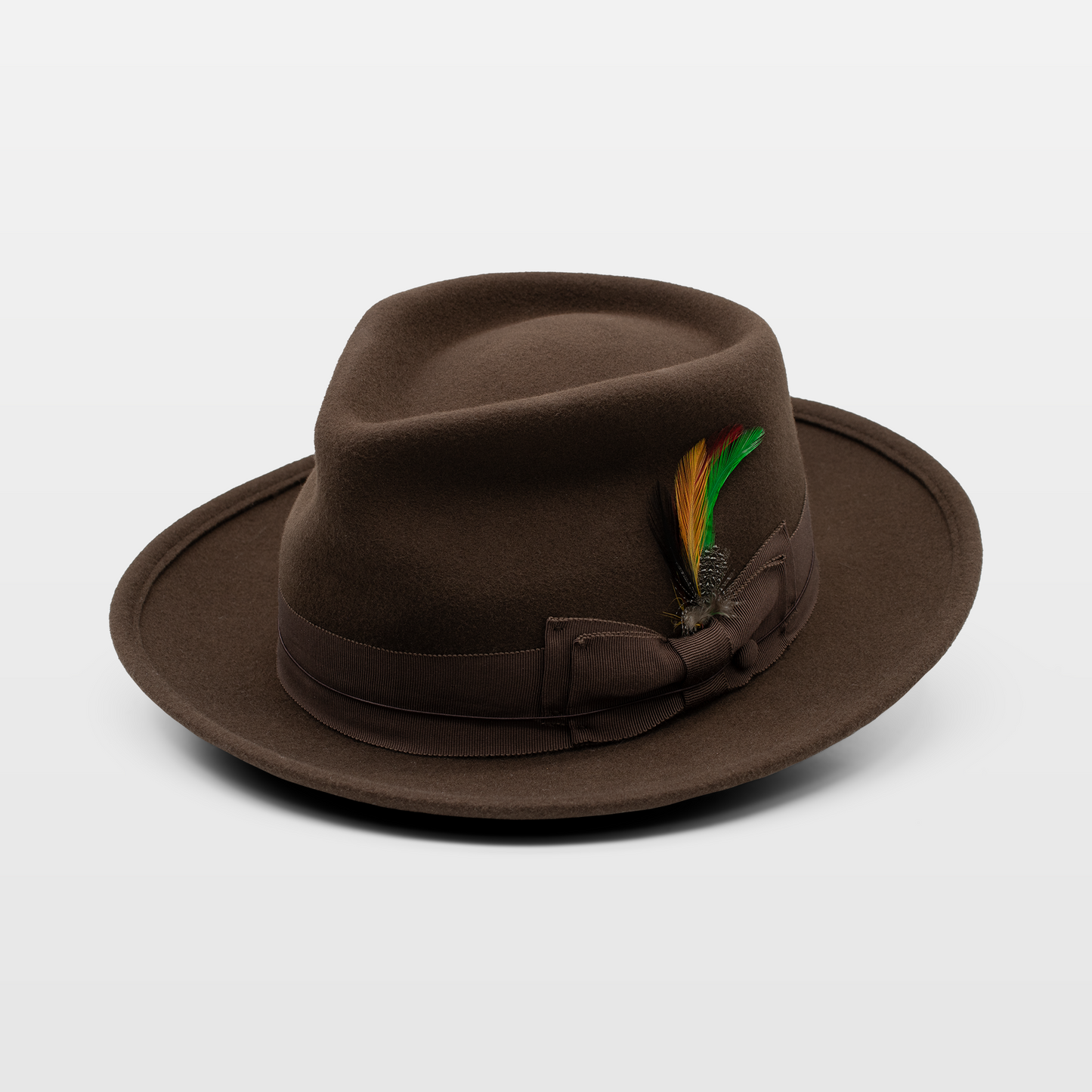 Brown fedora with a matching ribbon and a green and orange feather accent