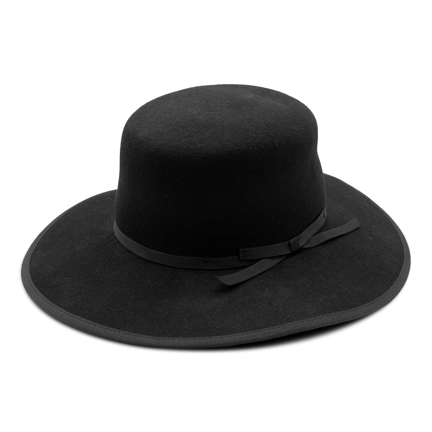 Black wool hat with a flat crown and a wide brim, featuring a simple ribbon band detail