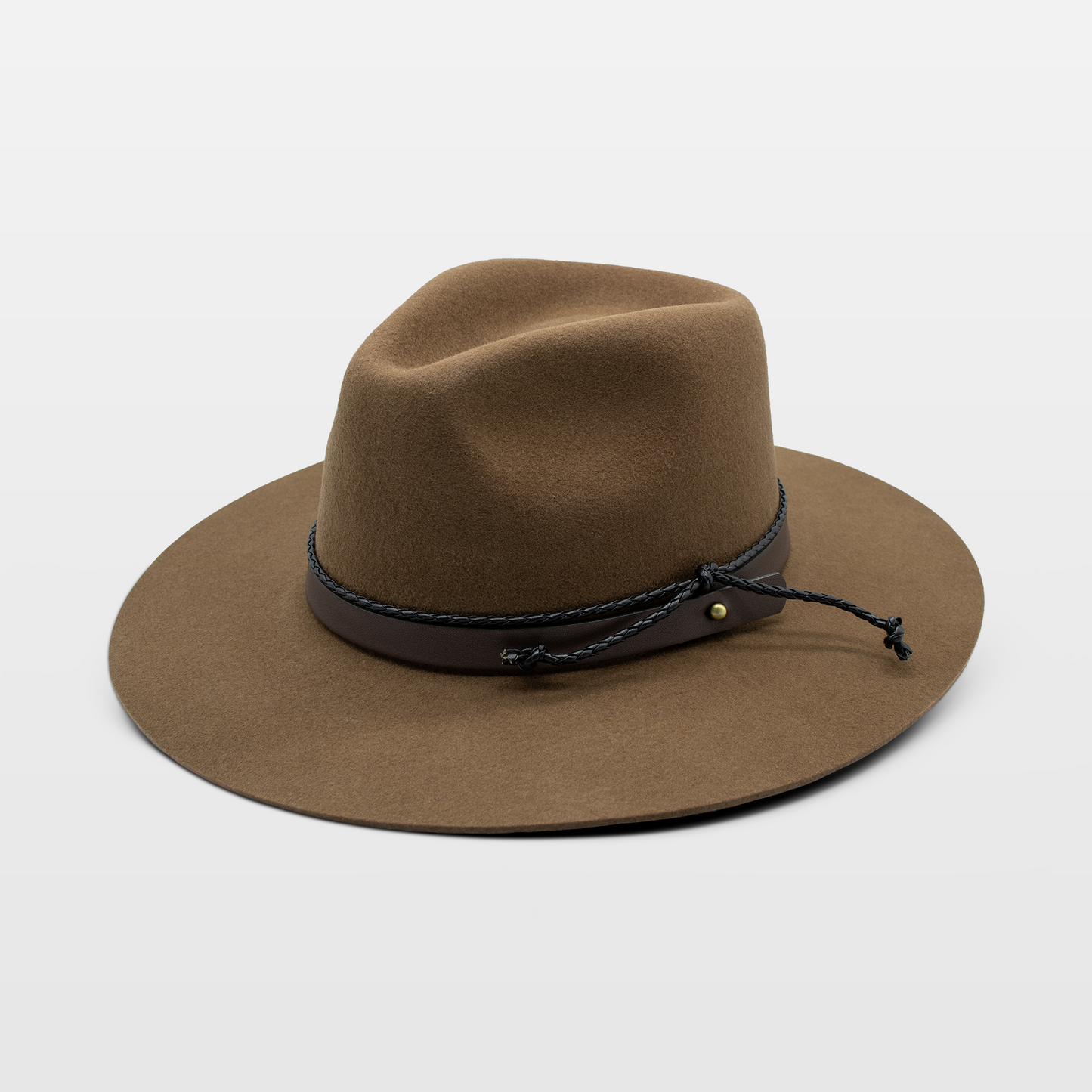 brown cowboy hat with a black braided band and modern detailing