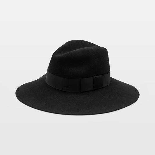 Wide-brimmed black fedora with a matching ribbon band