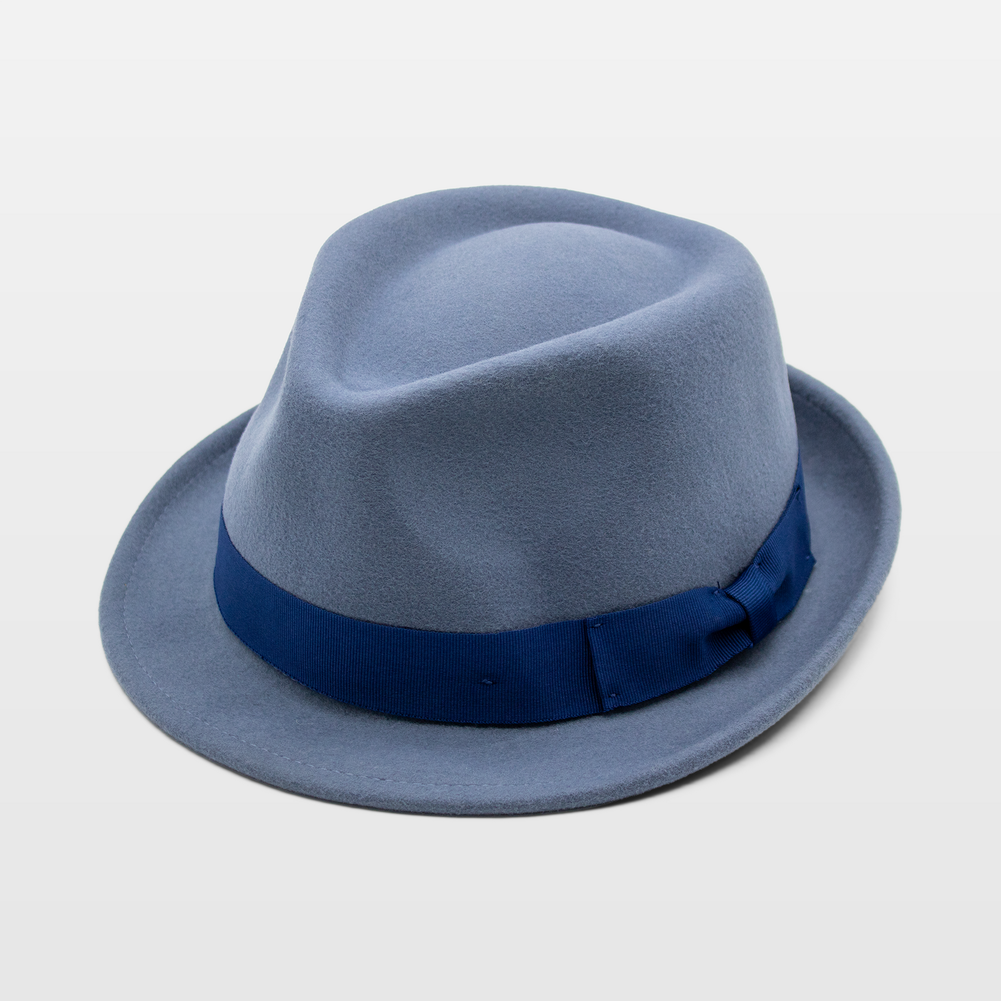 A light blue felt fedora hat with a matching blue grosgrain ribbon band