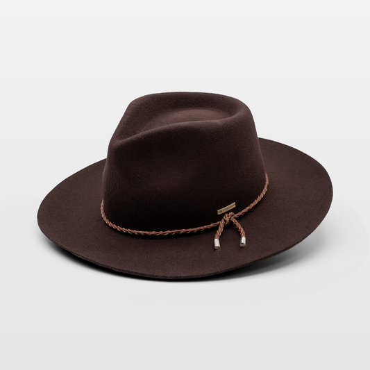 Brown wide-brimmed hat with a braided band and metal accents