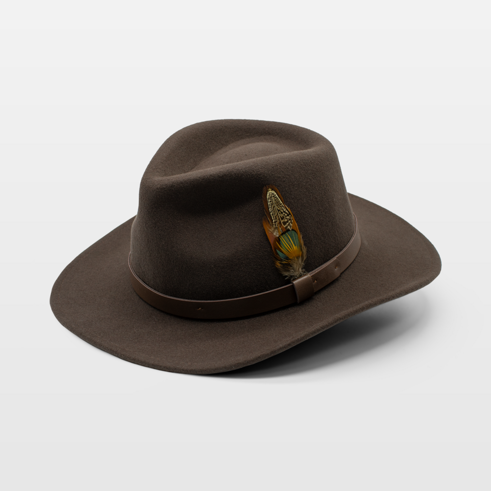 brown felt fedora hat with a leather band, featuring a colorful feather