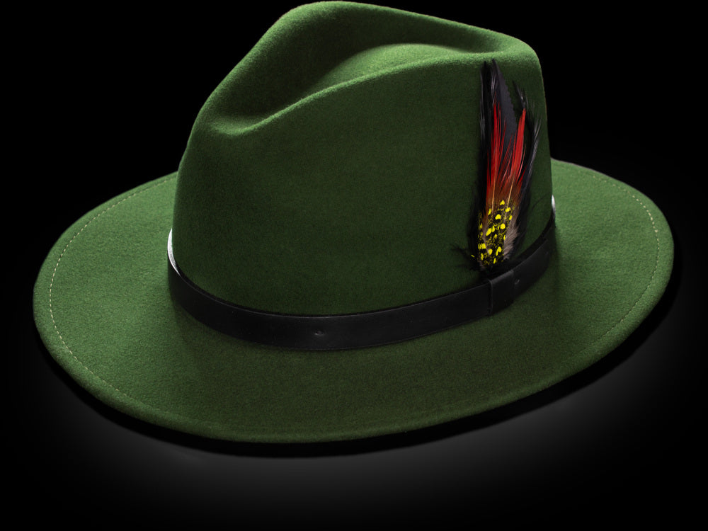 Green fedora hat with a black band and a decorative feather, with red and yellow plumes