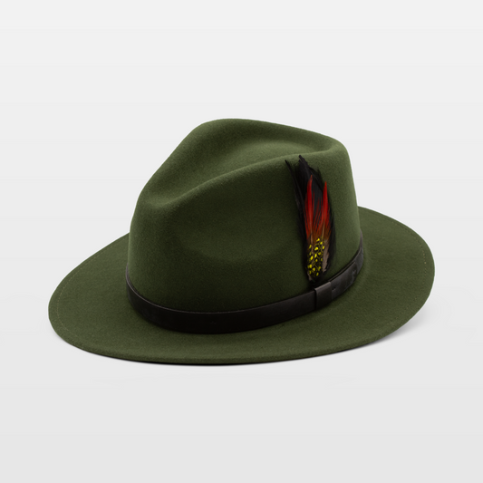 Olive green fedora with a black band and red feather detail