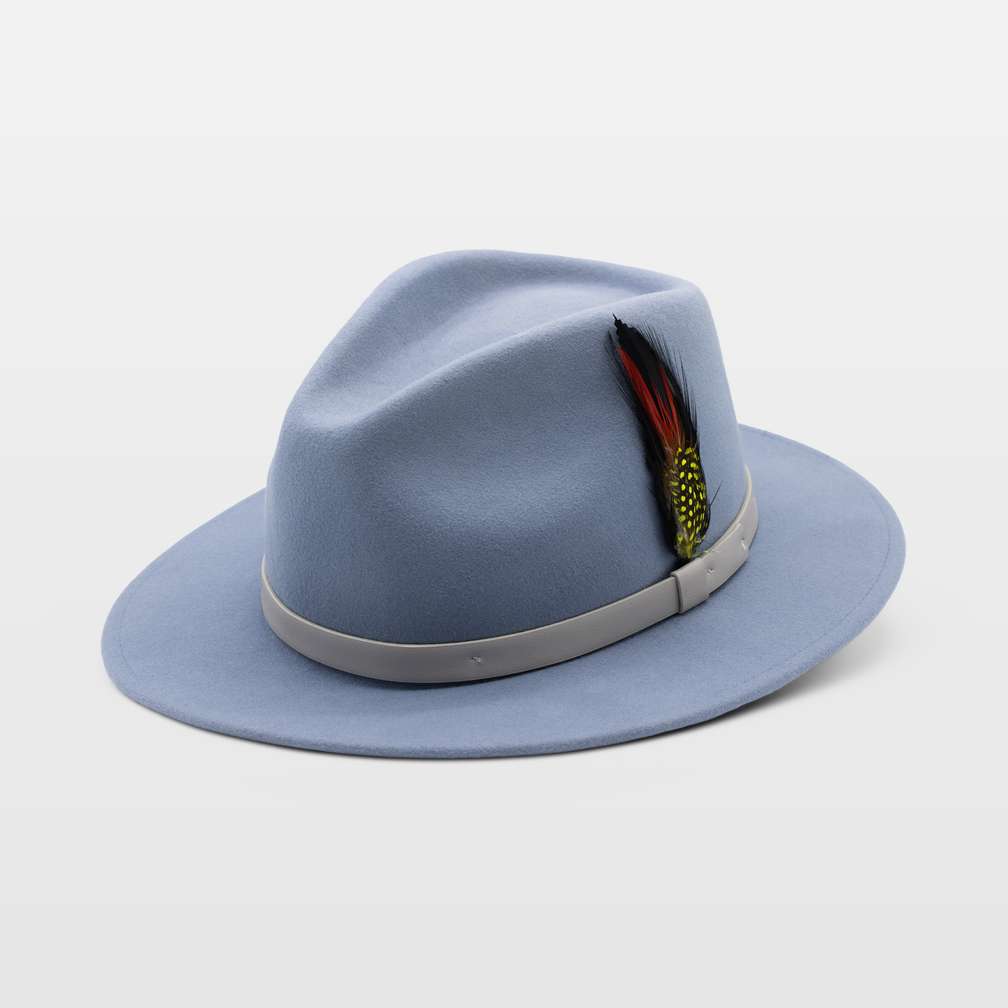 light blue fedora hat with a gray band and a colorful feather accent