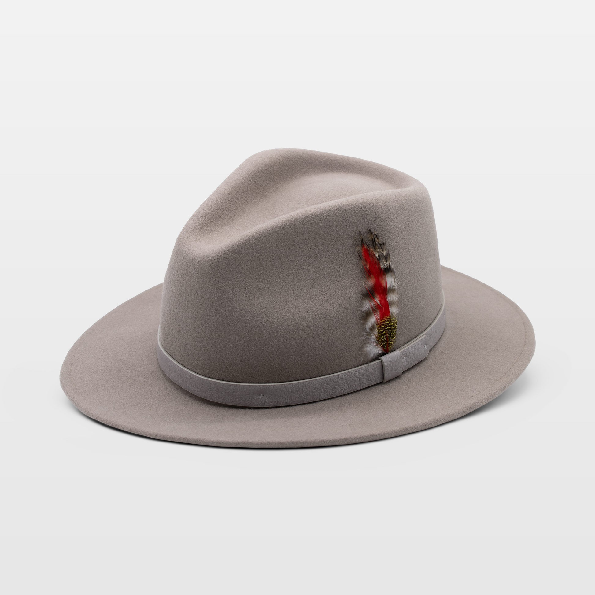 A stylish light grey hat with a matching grey band and a decorative red and white feather