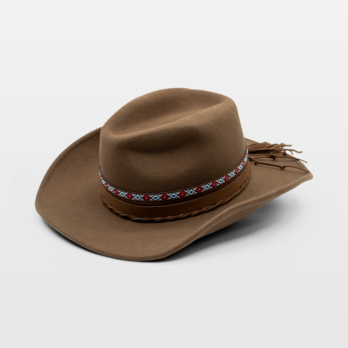 brown cowboy hat with a colorful patterned band and braided details