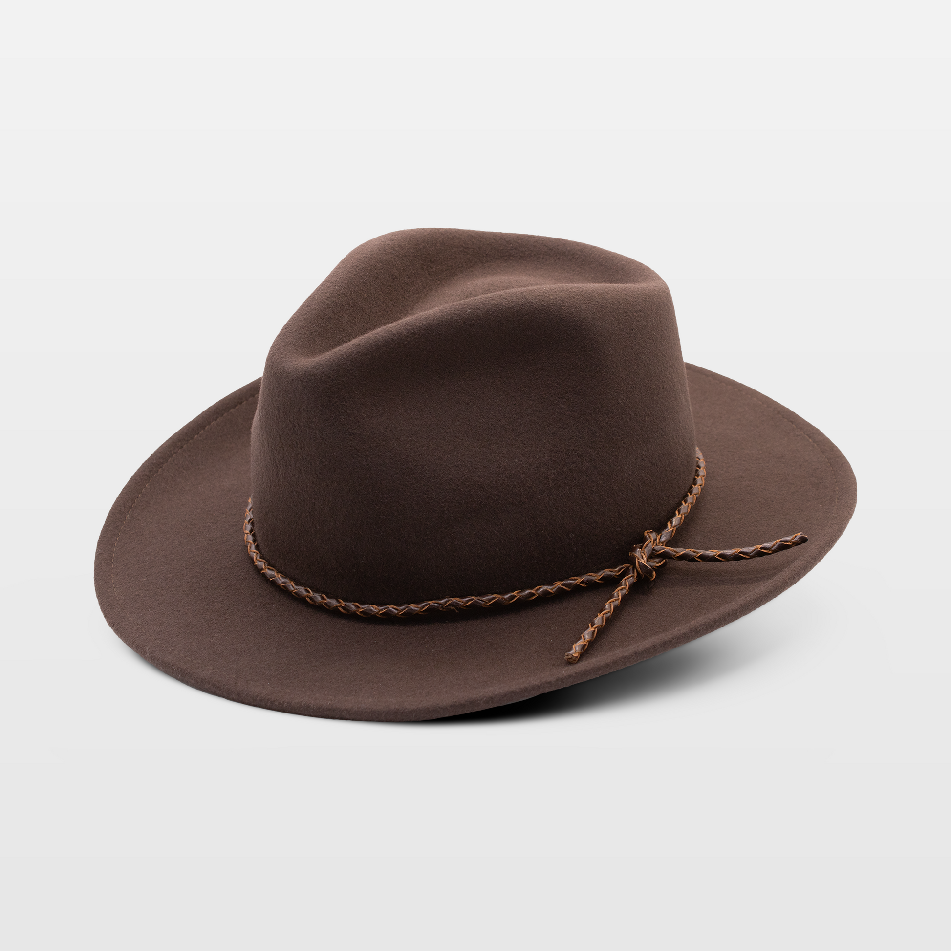 Classic brown fedora with a braided leather band