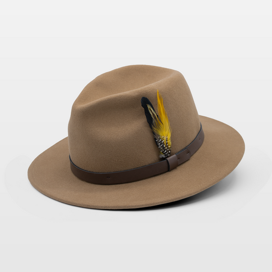 Light brown fedora with a dark brown band and a yellow feather accent