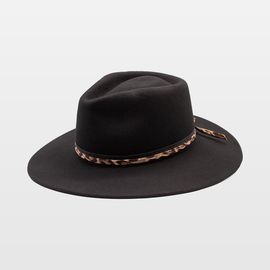 Black wide-brim fedora with a leopard print band