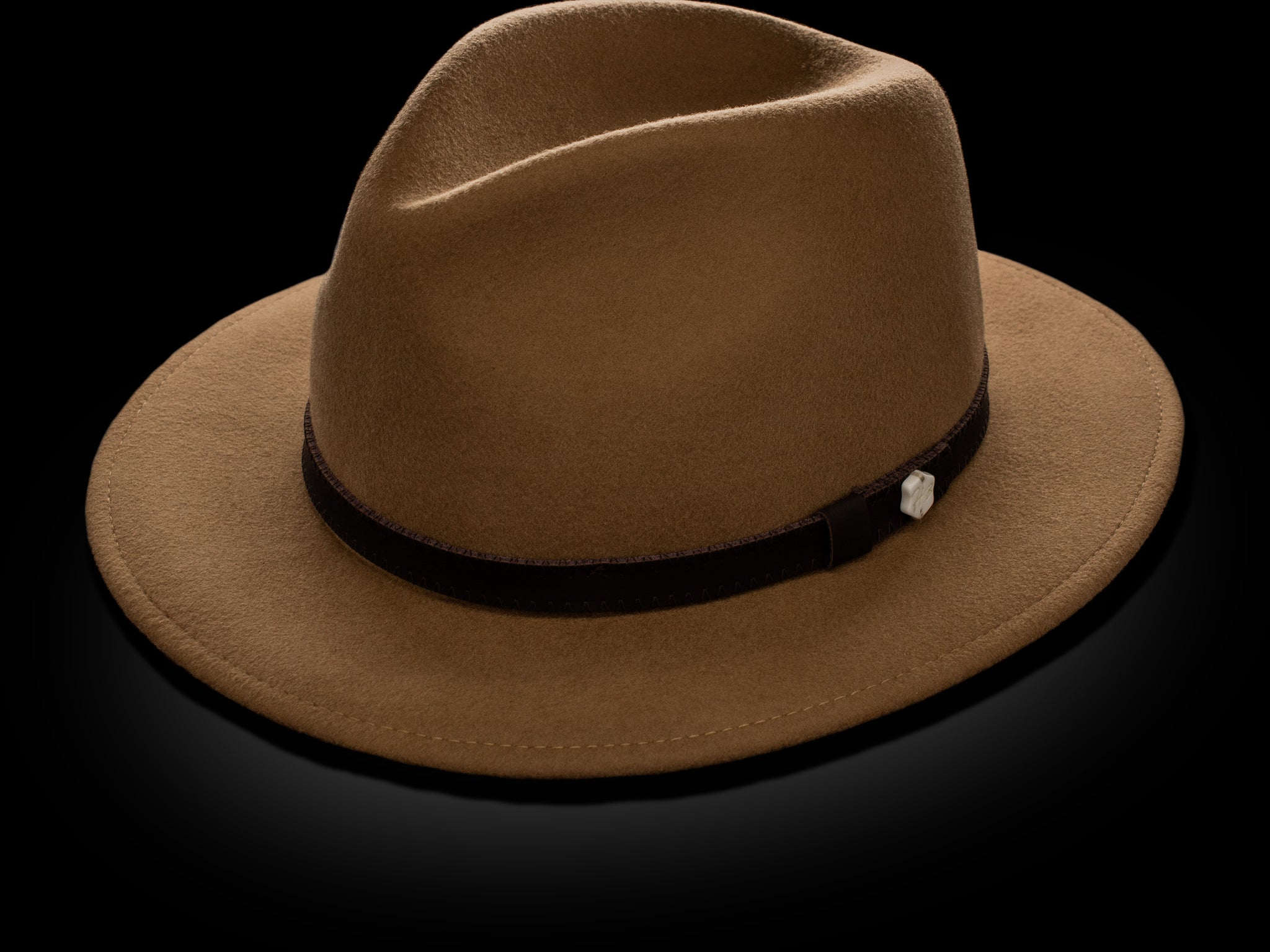 Brown fedora hat with a black band and a small decorative pin