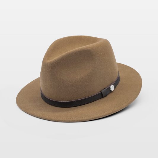 Tan fedora with a dark brown leather band featuring a small white accent