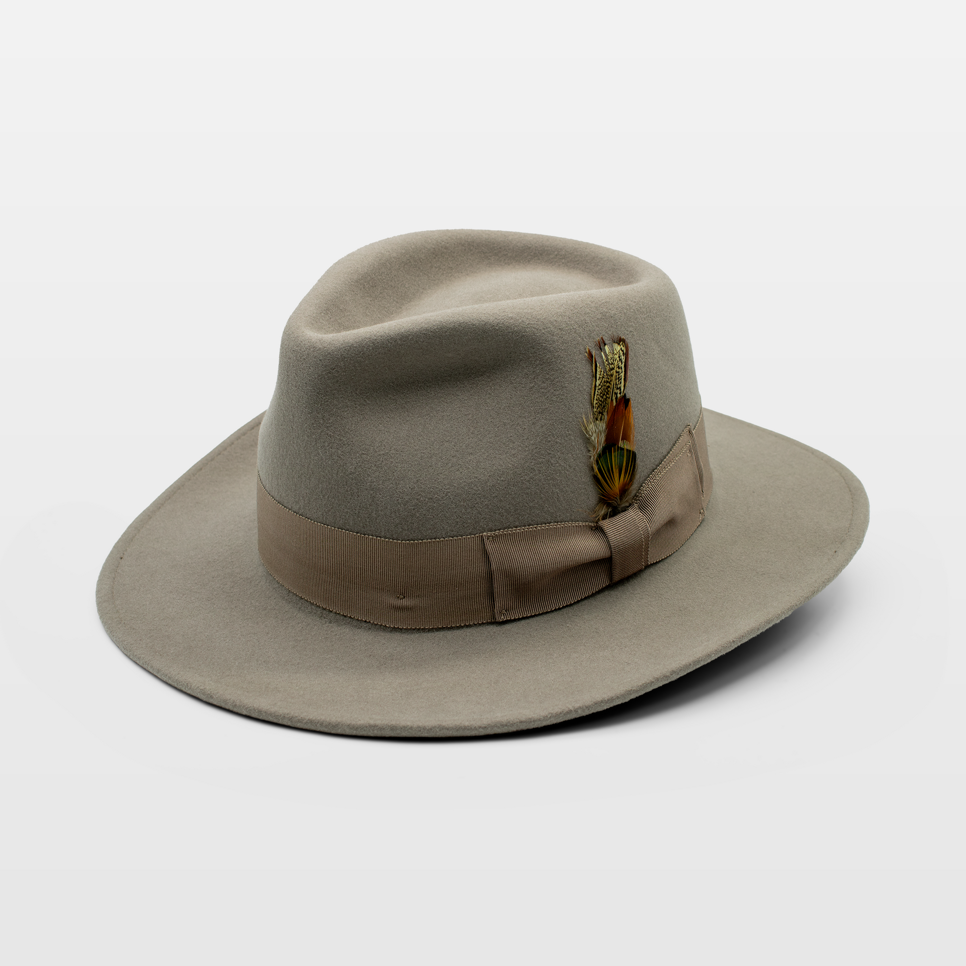 Light grey fedora with a matching ribbon band and a small feather accent