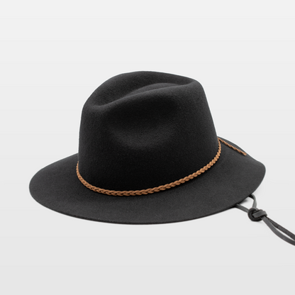 Black wide-brim hat with a braided leather band and a tie string