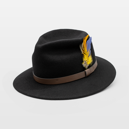 Black fedora hat with a brown band and a decorative feather, featuring yellow and blue plumes